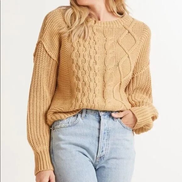 FREE PEOPLE Camel Bubble Sleeve Slouchy Cable Knit Sweater Sz M NWT MSRP$98 - Picture 1 of 13